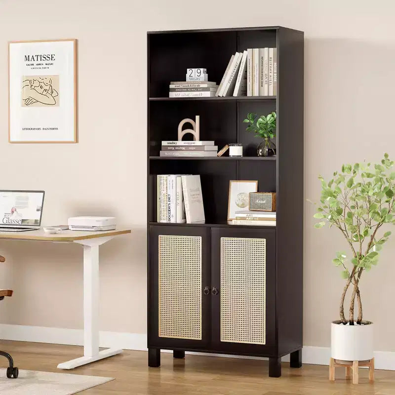 Bibliothèque haute à 5 étagères avec portes en rotin – Blanc, 180 cm H, pour bureau et chambre à coucher