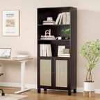 Bibliothèque haute à 5 étagères avec portes en rotin – Blanc, 180 cm H, pour bureau et chambre à coucher