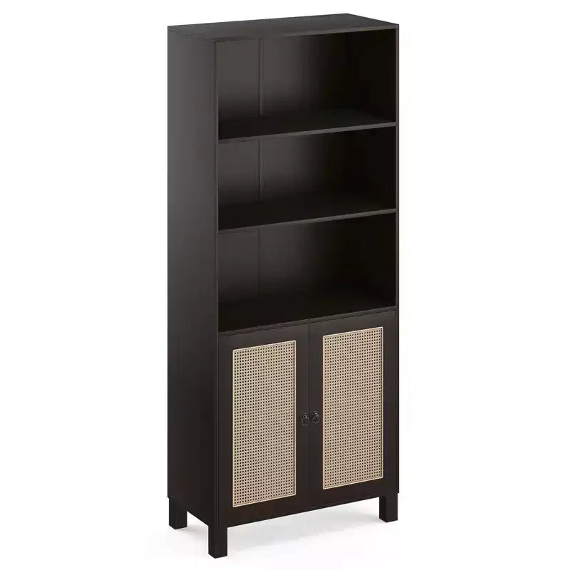 Bibliothèque haute à 5 étagères avec portes en rotin – Blanc, 180 cm H, pour bureau et chambre à coucher