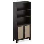 Bibliothèque haute à 5 étagères avec portes en rotin – Blanc, 180 cm H, pour bureau et chambre à coucher
