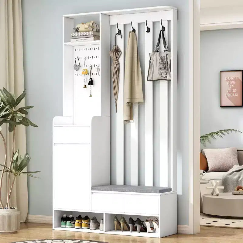 Meuble d'entrée tout-en-un avec banc rembourré, panneau perforé, patères et armoire – Rangement d'entrée de 180 cm de haut