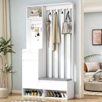 Meuble d'entrée tout-en-un avec banc rembourré, panneau perforé, patères et armoire – Rangement d'entrée de 180 cm de haut