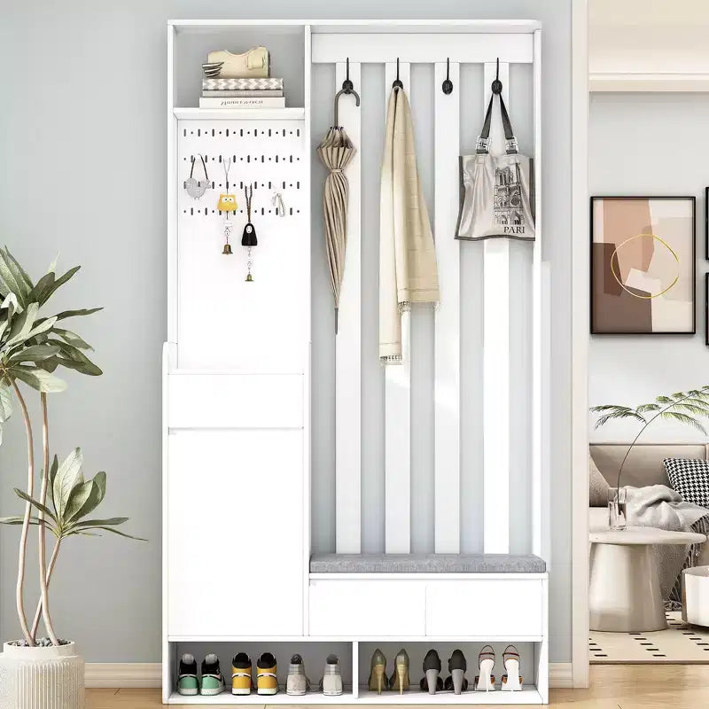 Meuble d'entrée tout-en-un avec banc rembourré, panneau perforé, patères et armoire – Rangement d'entrée de 180 cm de haut