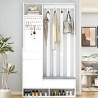Meuble d'entrée tout-en-un avec banc rembourré, panneau perforé, patères et armoire – Rangement d'entrée de 180 cm de haut
