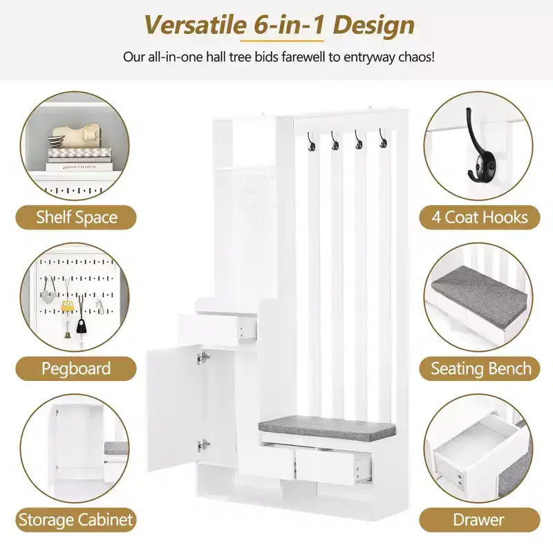 Meuble d'entrée tout-en-un avec banc rembourré, panneau perforé, patères et armoire – Rangement d'entrée de 180 cm de haut