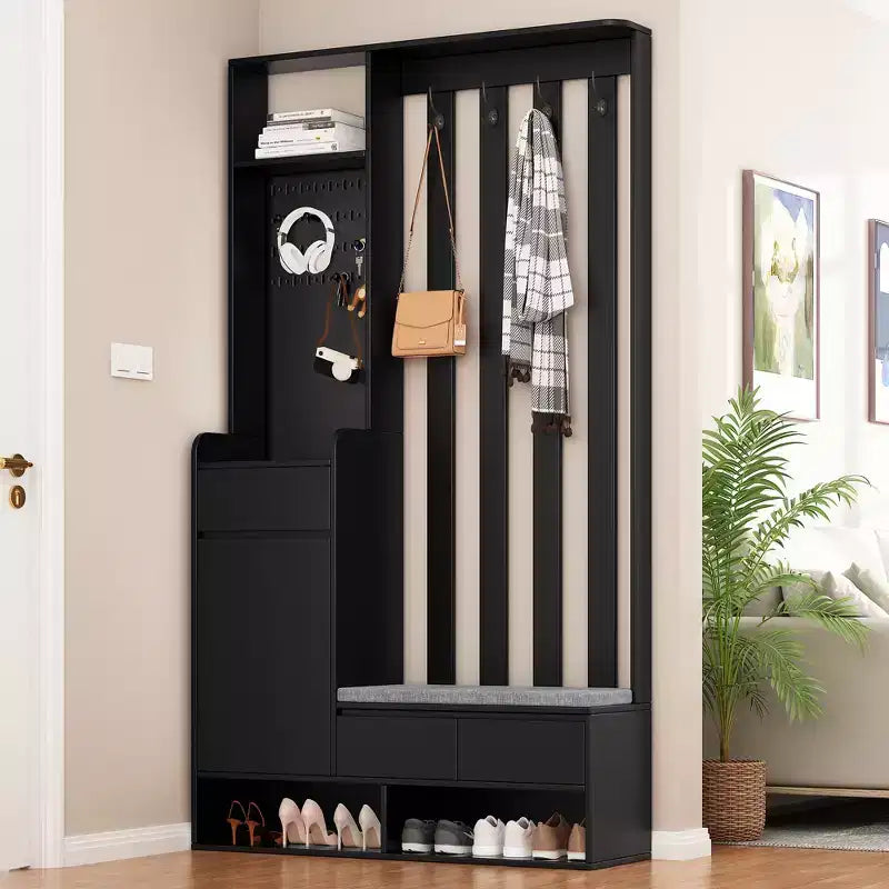 Meuble d'entrée tout-en-un avec banc rembourré, panneau perforé, patères et armoire – Rangement d'entrée de 180 cm de haut