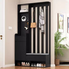 Meuble d'entrée tout-en-un avec banc rembourré, panneau perforé, patères et armoire – Rangement d'entrée de 180 cm de haut