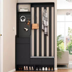 Meuble d'entrée tout-en-un avec banc rembourré, panneau perforé, patères et armoire – Rangement d'entrée de 180 cm de haut