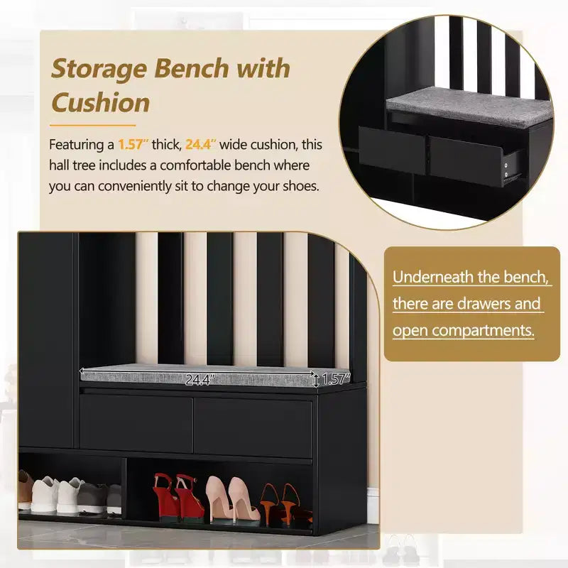 Meuble d'entrée tout-en-un avec banc rembourré, panneau perforé, patères et armoire – Rangement d'entrée de 180 cm de haut