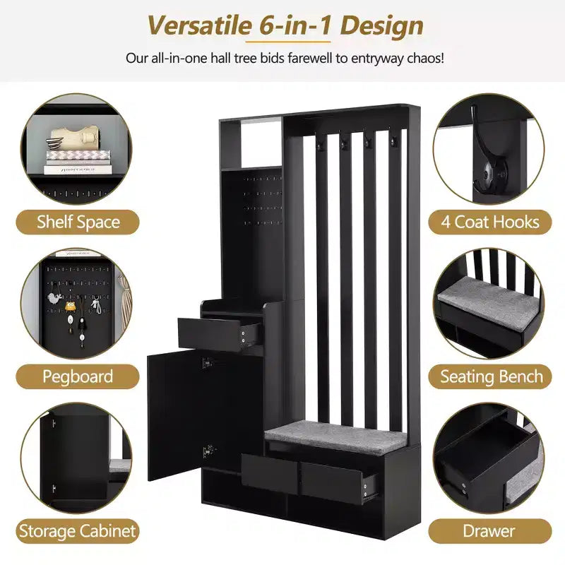Meuble d'entrée tout-en-un avec banc rembourré, panneau perforé, patères et armoire – Rangement d'entrée de 180 cm de haut