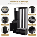 Meuble d'entrée tout-en-un avec banc rembourré, panneau perforé, patères et armoire – Rangement d'entrée de 180 cm de haut