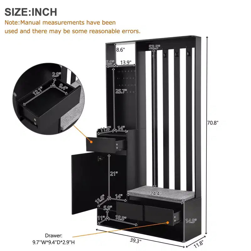 Meuble d'entrée tout-en-un avec banc rembourré, panneau perforé, patères et armoire – Rangement d'entrée de 180 cm de haut