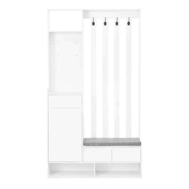 Meuble d'entrée tout-en-un avec banc rembourré, panneau perforé, patères et armoire – Rangement d'entrée de 180 cm de haut