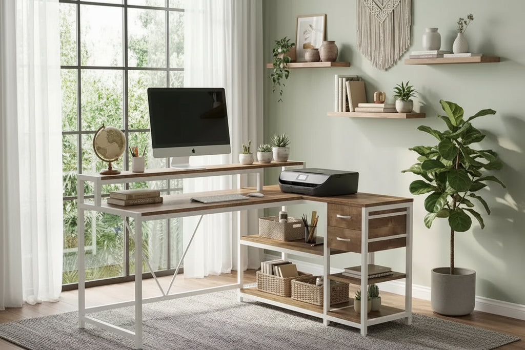 MAYEERTY L-Shaped Corner Desk with Monitor Stand, Drawers & Storage Shelves