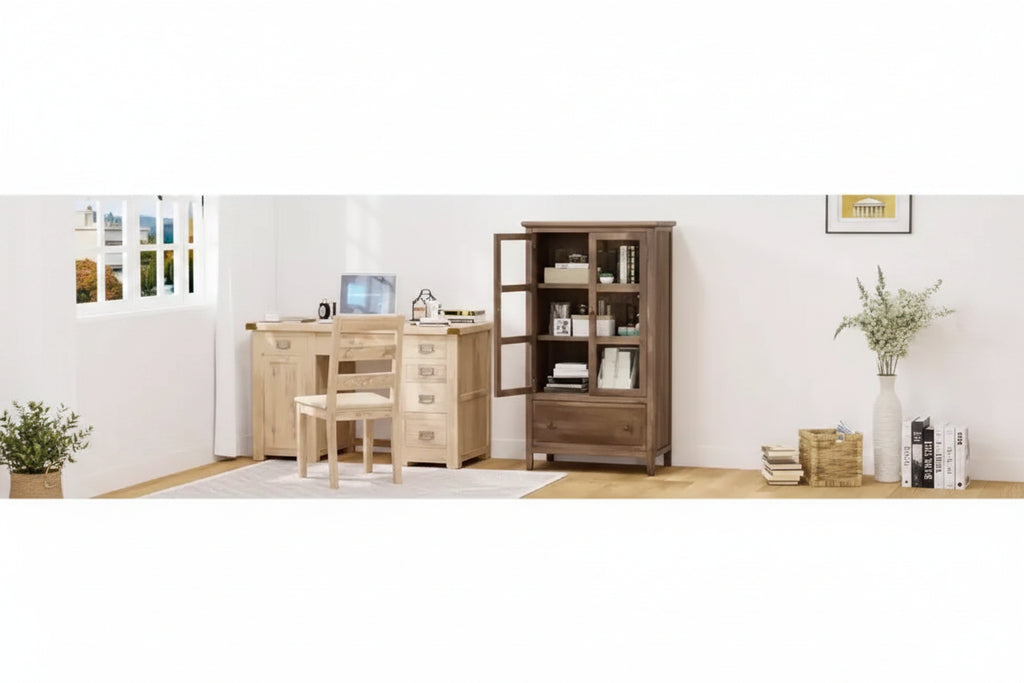 VINGLI Rustic Storage Cabinet with Glass Doors & Drawer, Solid Wood Leg, Walnut Finish Showcase