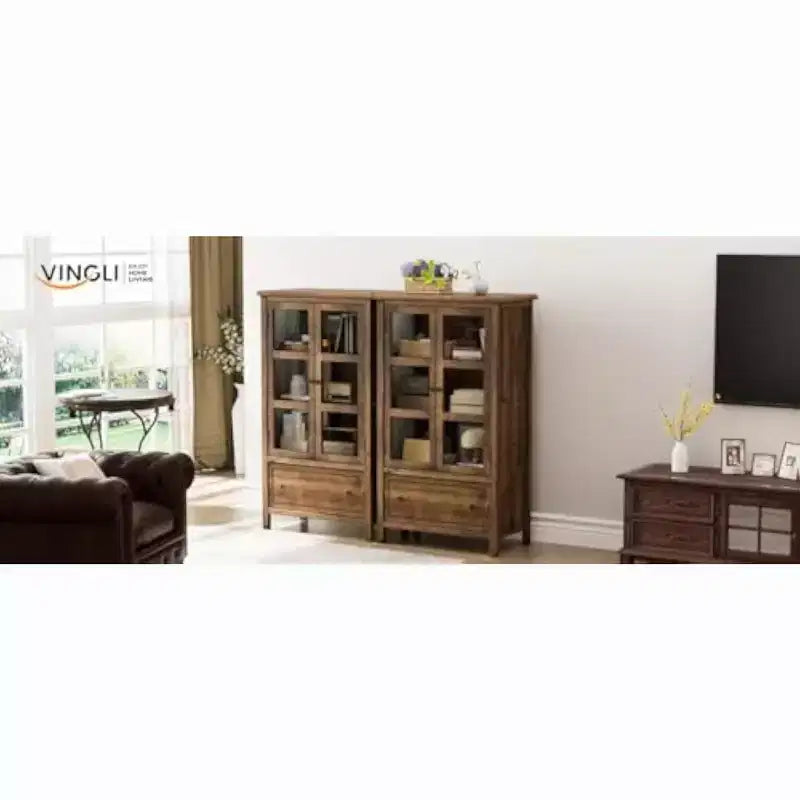 Meuble de rangement rustique en verre avec tiroir – Placage de bois de sapin, pieds en bois massif, finition noyer