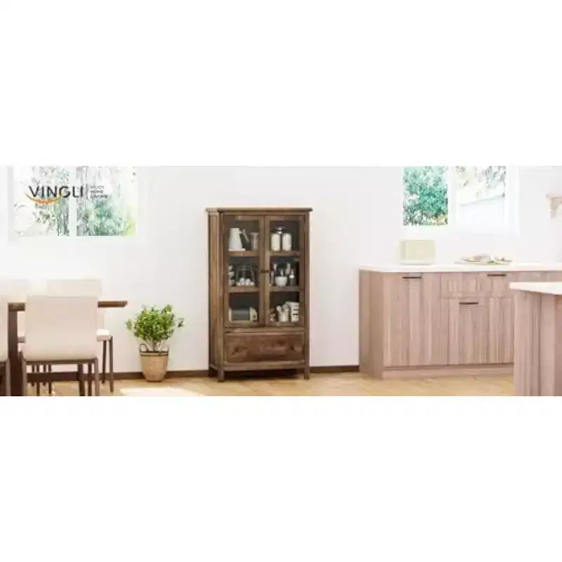 Meuble de rangement rustique en verre avec tiroir – Placage de bois de sapin, pieds en bois massif, finition noyer