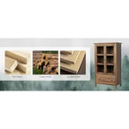Meuble de rangement rustique en verre avec tiroir – Placage de bois de sapin, pieds en bois massif, finition noyer