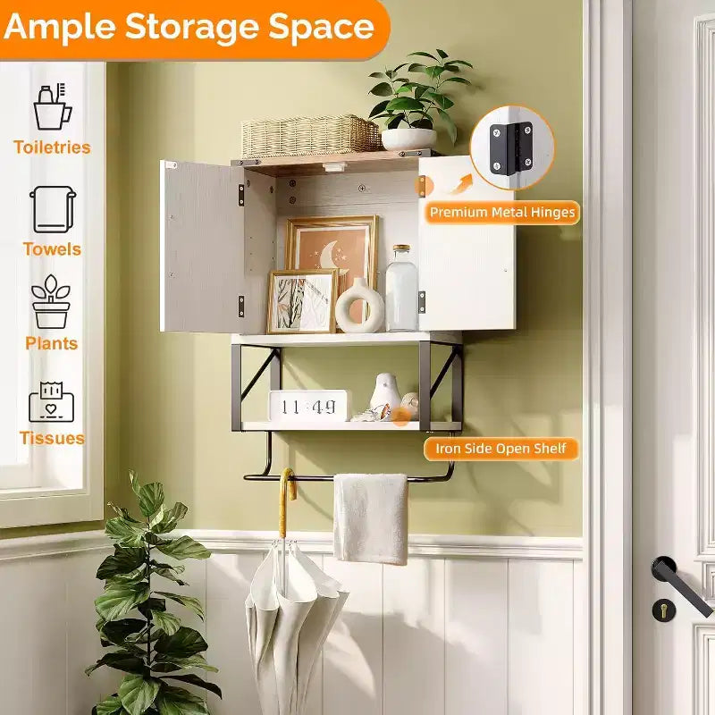 Meuble de rangement mural de salle de bain avec porte-serviettes, petit meuble à pharmacie de style ferme, rangement au-dessus des toilettes avec porte-serviettes, blanc rustique et marron