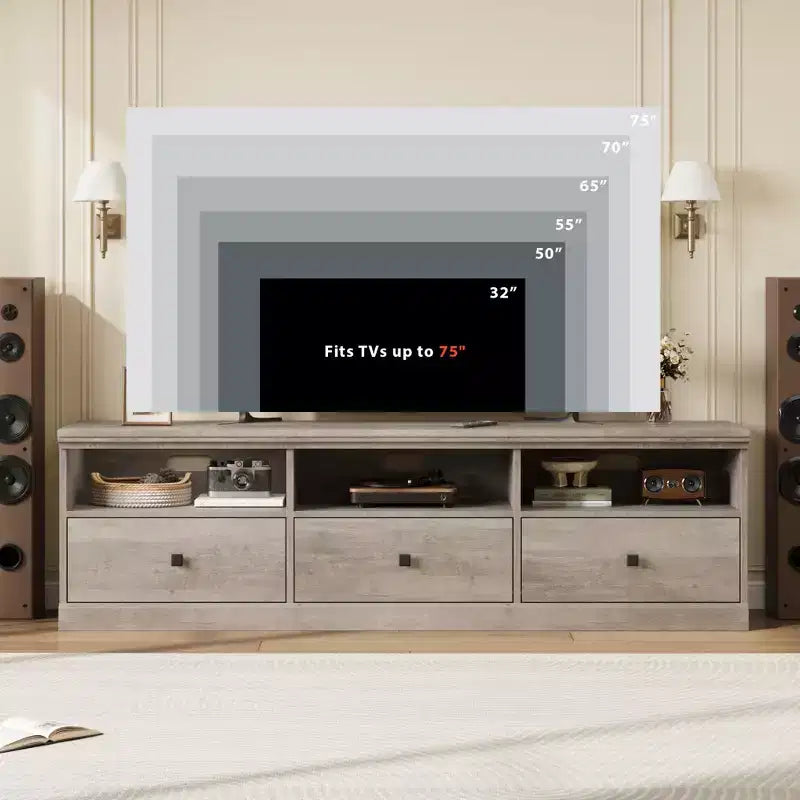 Meuble TV de ferme 70" avec tiroirs et étagères ouvertes – Convient aux TV jusqu'à 75", capacité de 220 lb