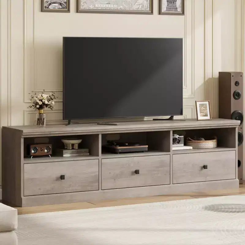 Meuble TV de ferme 70" avec tiroirs et étagères ouvertes – Convient aux TV jusqu'à 75", capacité de 220 lb