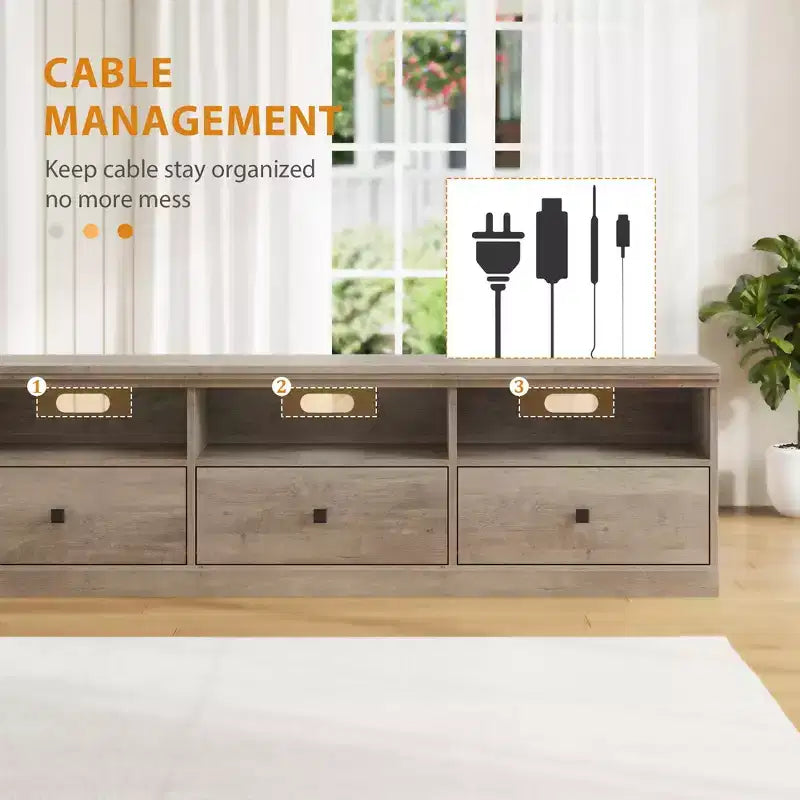Meuble TV de ferme 70" avec tiroirs et étagères ouvertes – Convient aux TV jusqu'à 75", capacité de 220 lb