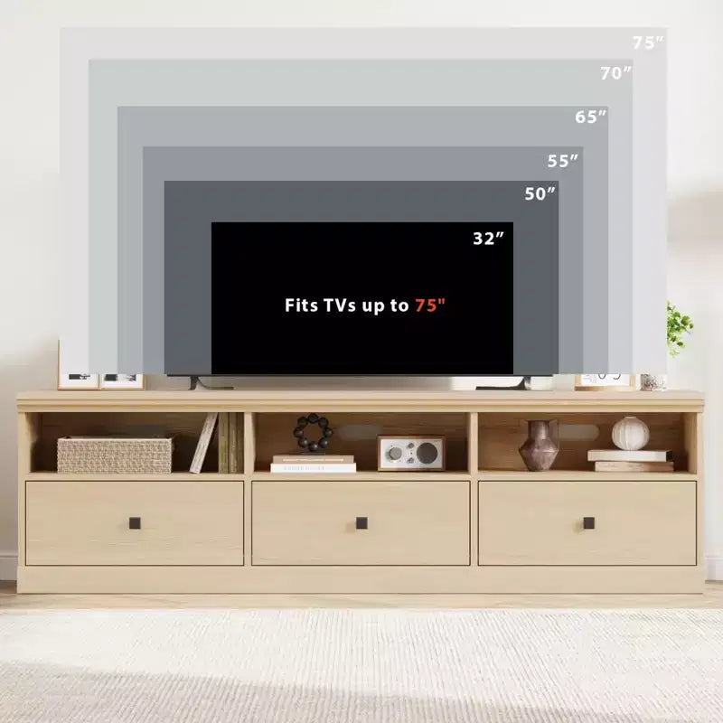 Meuble TV de ferme 70" avec tiroirs et étagères ouvertes – Convient aux TV jusqu'à 75", capacité de 220 lb