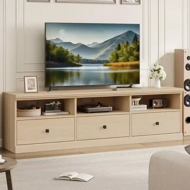 Meuble TV de ferme 70" avec tiroirs et étagères ouvertes – Convient aux TV jusqu'à 75", capacité de 220 lb
