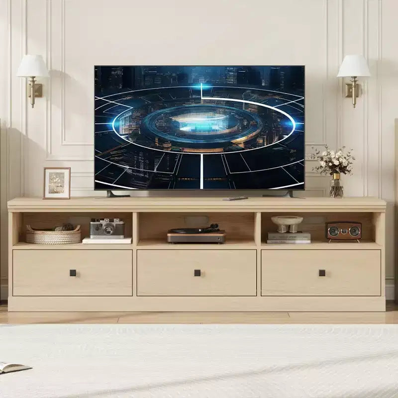 Meuble TV de ferme 70" avec tiroirs et étagères ouvertes – Convient aux TV jusqu'à 75", capacité de 220 lb
