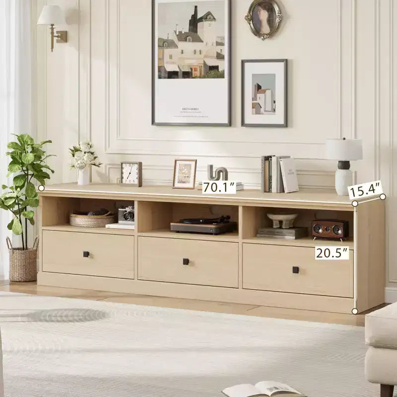 Meuble TV de ferme 70" avec tiroirs et étagères ouvertes – Convient aux TV jusqu'à 75", capacité de 220 lb