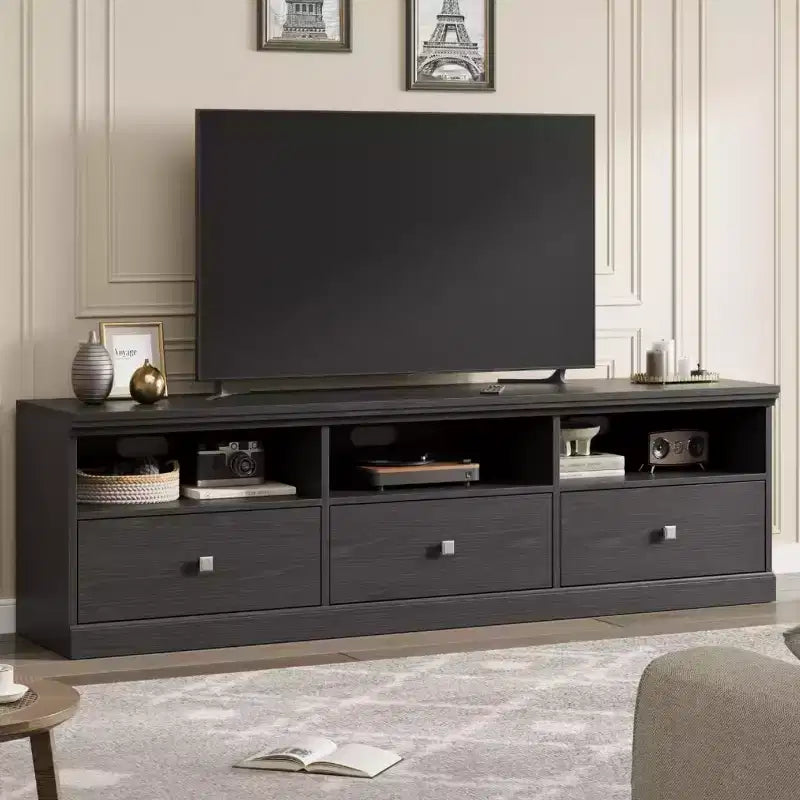 Meuble TV de ferme 70" avec tiroirs et étagères ouvertes – Convient aux TV jusqu'à 75", capacité de 220 lb