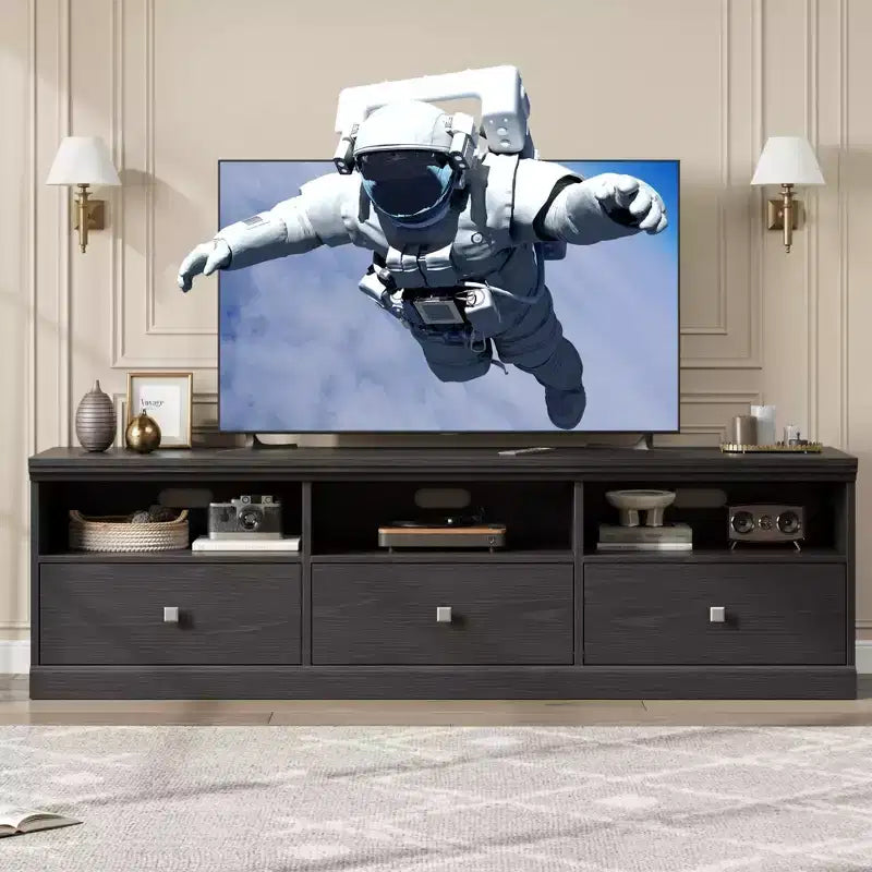 Meuble TV de ferme 70" avec tiroirs et étagères ouvertes – Convient aux TV jusqu'à 75", capacité de 220 lb