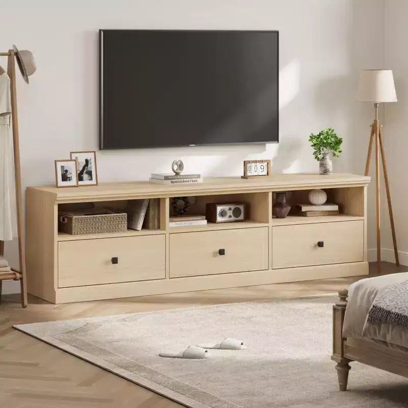 Meuble TV de ferme 70" avec tiroirs et étagères ouvertes – Convient aux TV jusqu'à 75", capacité de 220 lb
