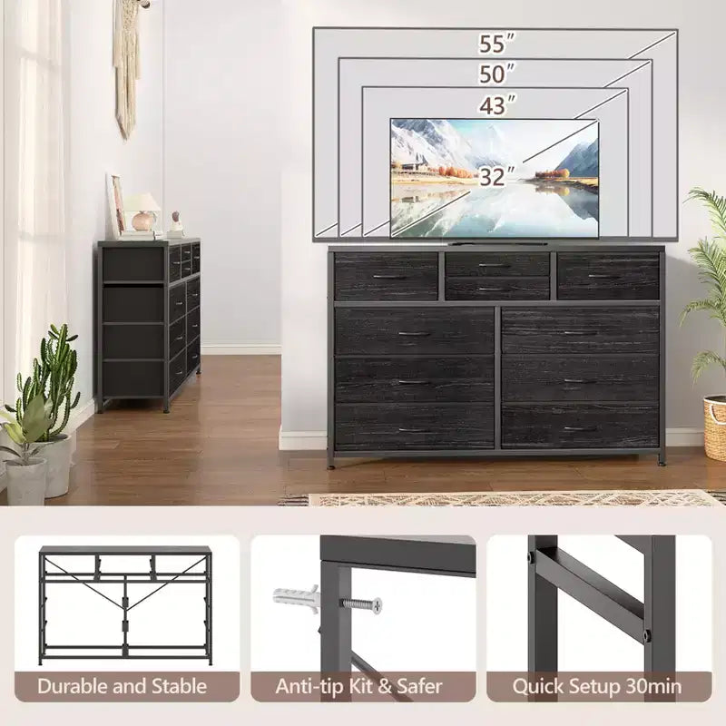Meuble TV à 10 tiroirs pour téléviseurs de 55" – Commode de rangement polyvalente pour chambre, salon et entrée