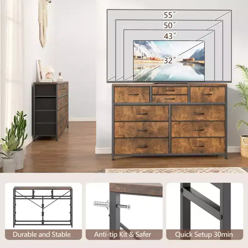 Meuble TV à 10 tiroirs pour téléviseurs de 55" – Commode de rangement polyvalente pour chambre, salon et entrée
