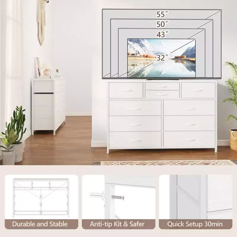 Meuble TV à 10 tiroirs pour téléviseurs de 55" – Commode de rangement polyvalente pour chambre, salon et entrée