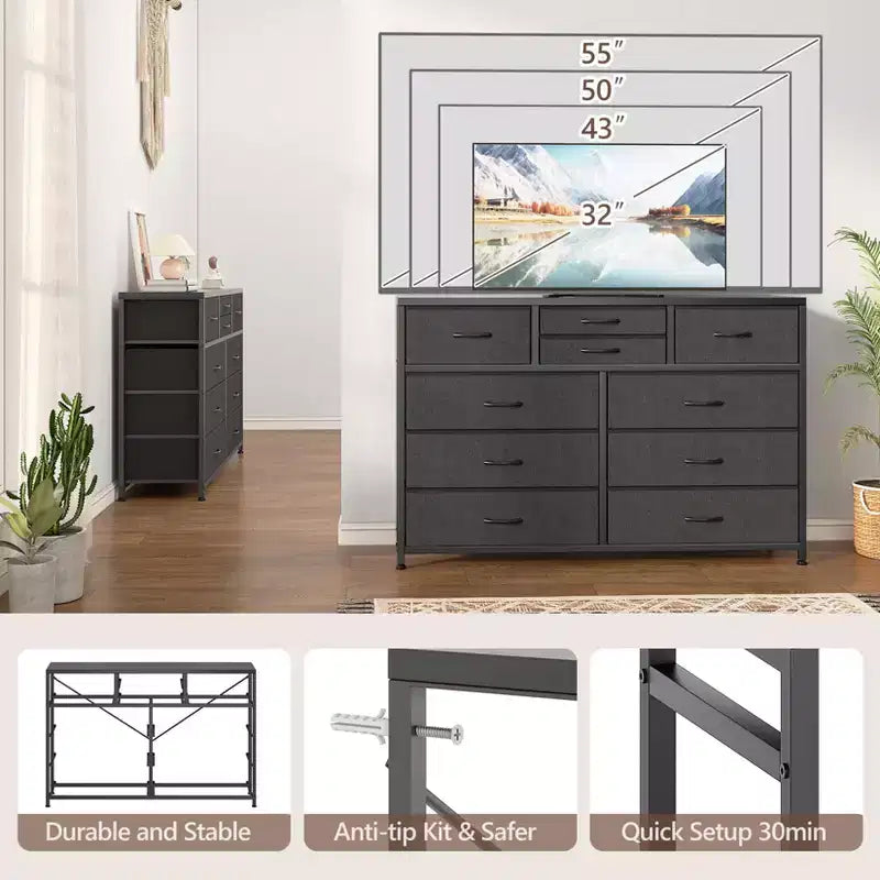 Meuble TV à 10 tiroirs pour téléviseurs de 55" – Commode de rangement polyvalente pour chambre, salon et entrée