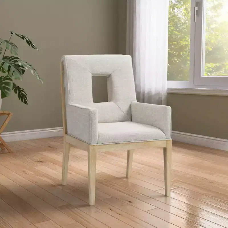 Fauteuil de salle à manger en lin texturé crème – Moderne milieu de siècle, structure en bois massif, finition chêne naturel