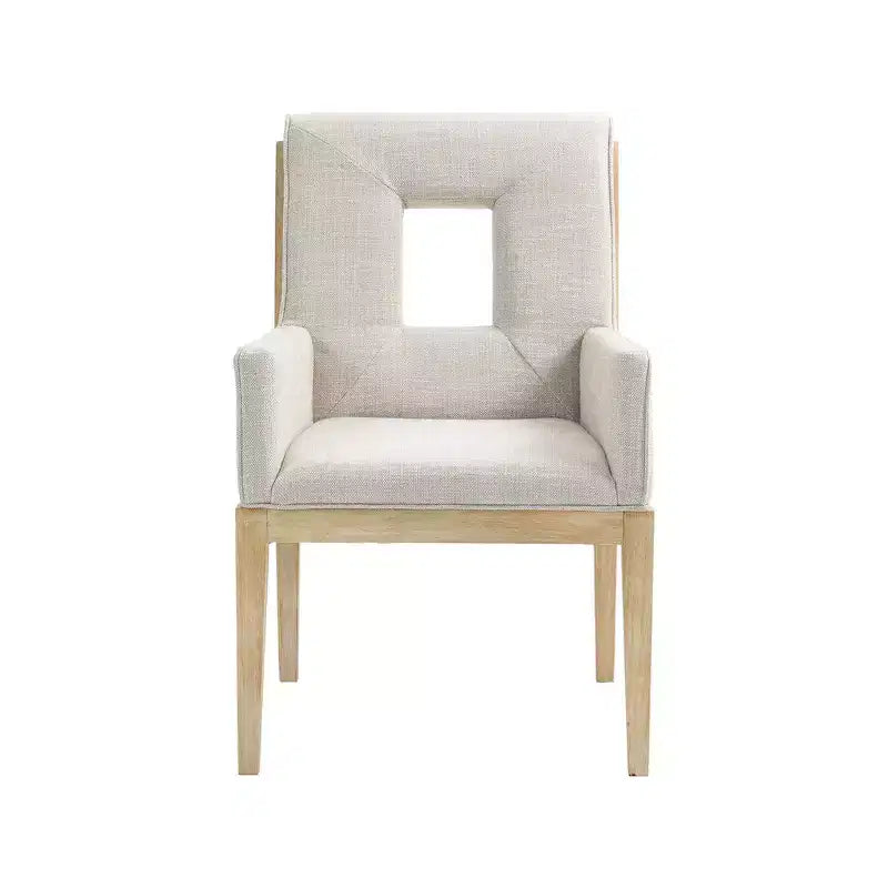 Fauteuil de salle à manger en lin texturé crème – Moderne milieu de siècle, structure en bois massif, finition chêne naturel