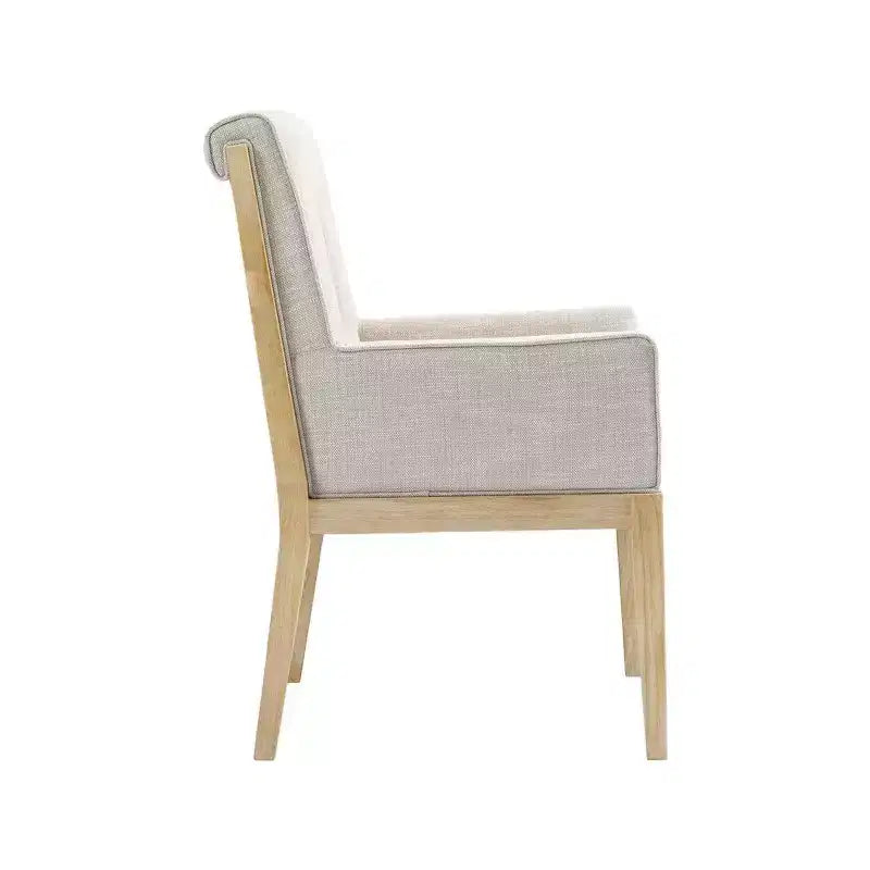 Fauteuil de salle à manger en lin texturé crème – Moderne milieu de siècle, structure en bois massif, finition chêne naturel