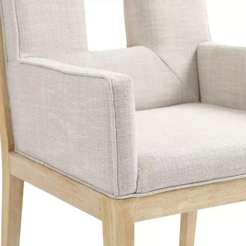 Fauteuil de salle à manger en lin texturé crème – Moderne milieu de siècle, structure en bois massif, finition chêne naturel