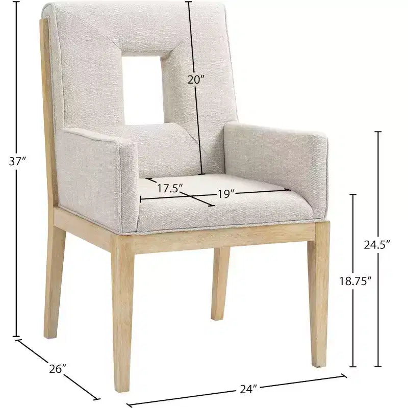 Fauteuil de salle à manger en lin texturé crème – Moderne milieu de siècle, structure en bois massif, finition chêne naturel