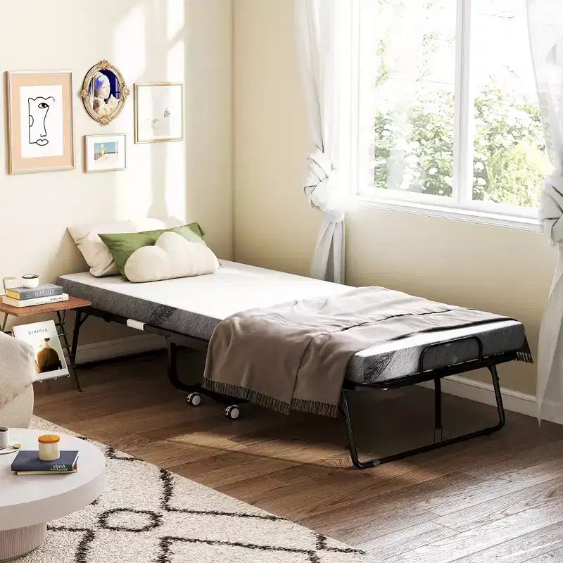 Lit d'appoint pliant avec matelas, cadre en acier et roulettes – Capacité de 150 kg, blanc