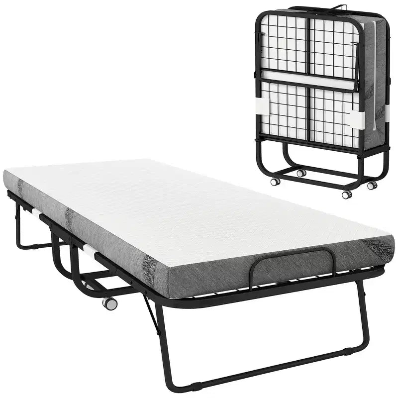 Lit d'appoint pliant avec matelas, cadre en acier et roulettes – Capacité de 150 kg, blanc
