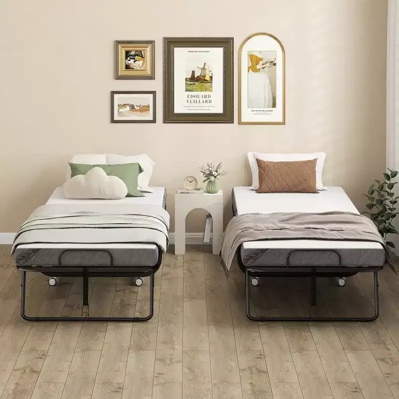 Lit d'appoint pliant avec matelas, cadre en acier et roulettes – Capacité de 150 kg, blanc