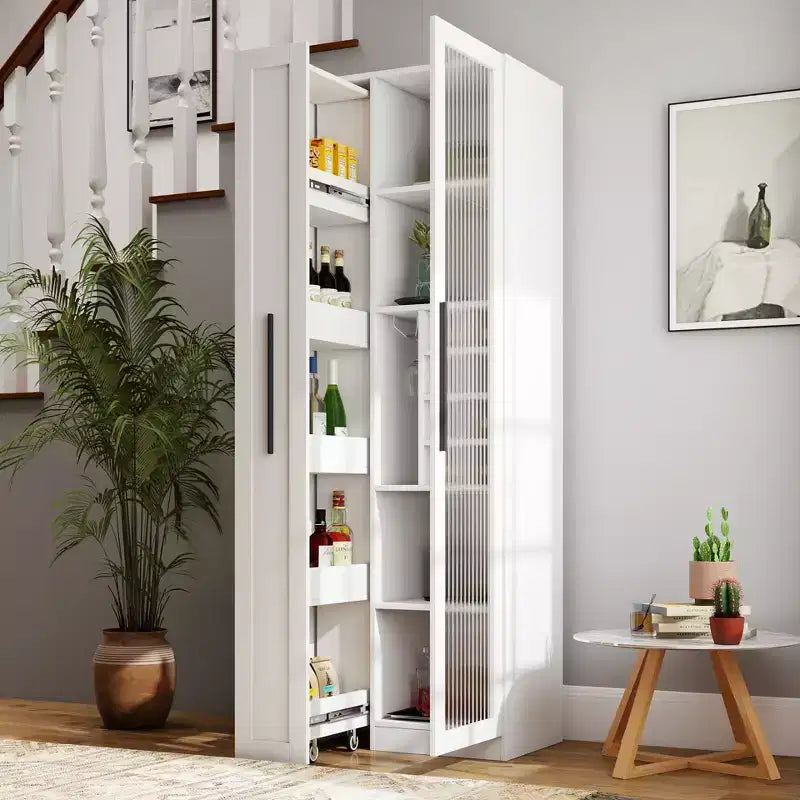 Armoire haute multifonctionnelle de 180 cm avec étagères coulissantes, rangement à vin et porte vitrée – Style ferme