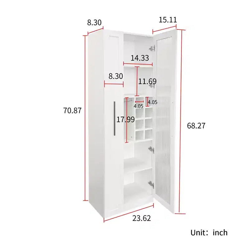 Armoire haute multifonctionnelle de 180 cm avec étagères coulissantes, rangement à vin et porte vitrée – Style ferme