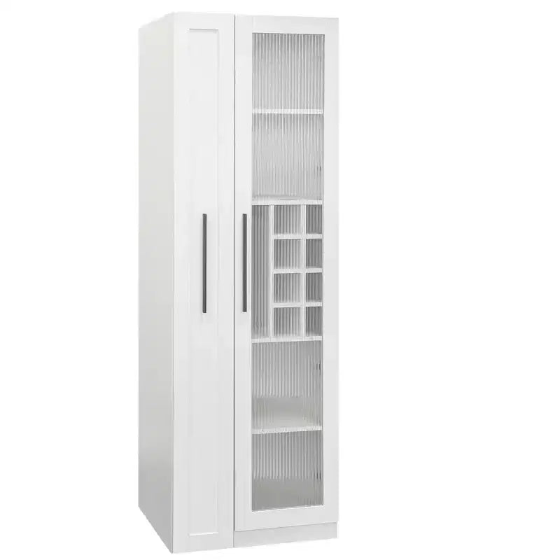 Armoire haute multifonctionnelle de 180 cm avec étagères coulissantes, rangement à vin et porte vitrée – Style ferme