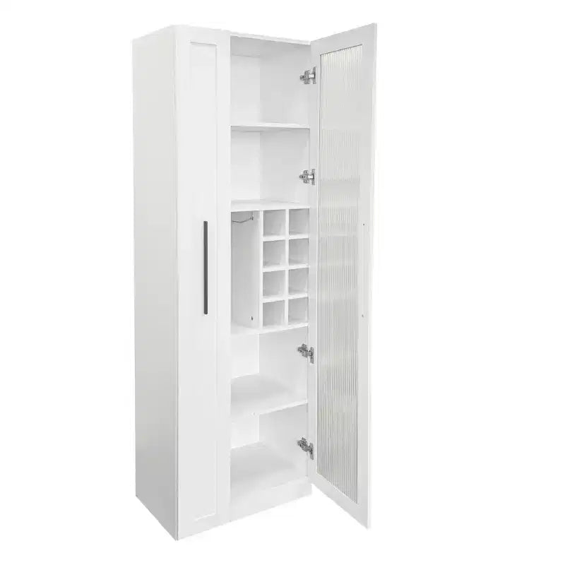 Armoire haute multifonctionnelle de 180 cm avec étagères coulissantes, rangement à vin et porte vitrée – Style ferme