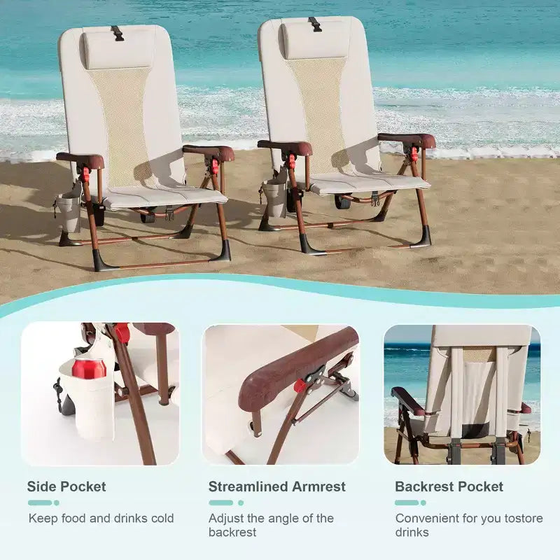 Chaise de plage sac à dos portable – Chaise longue pliante avec porte-gobelet et pochettes de rangement, capacité de 150 kg